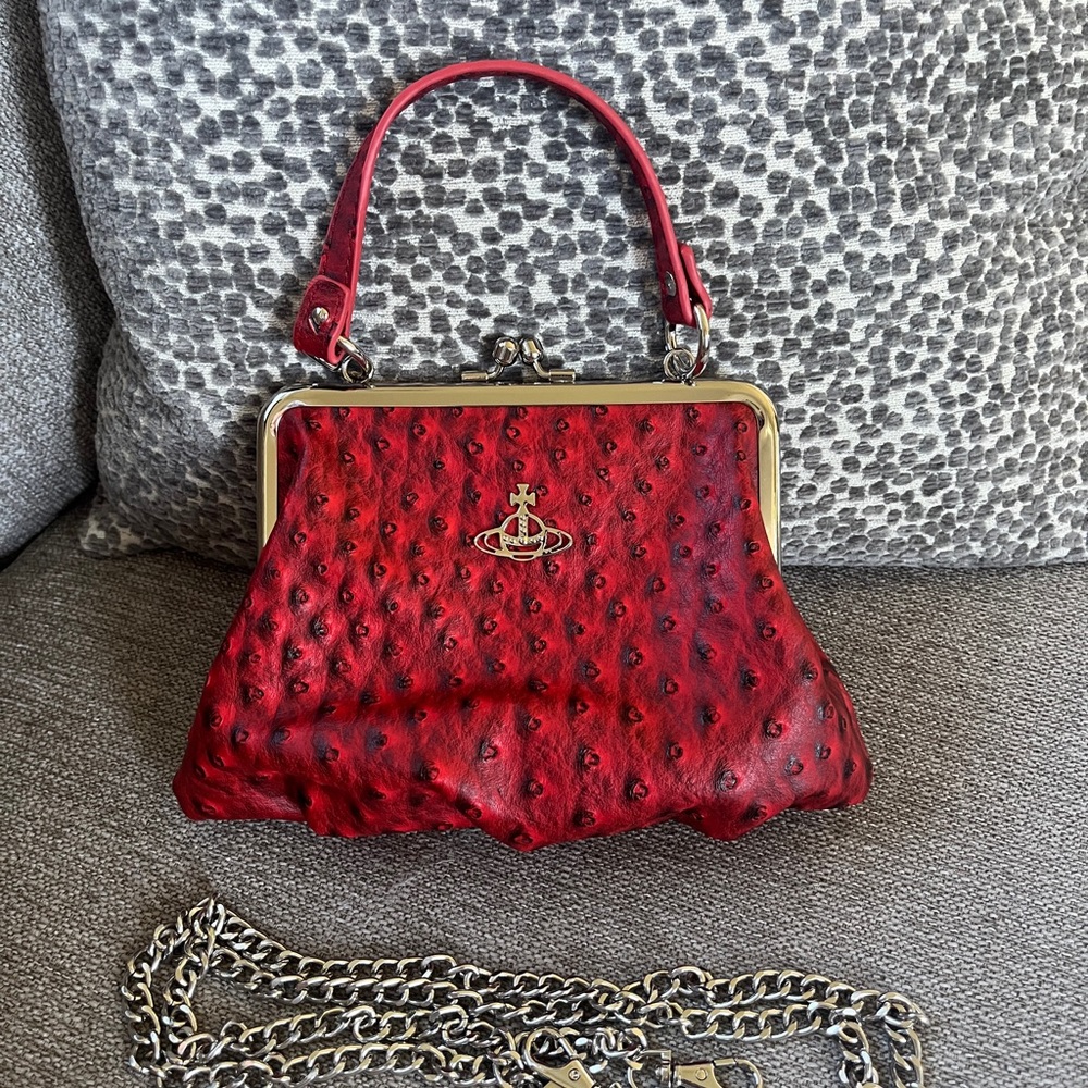 Vivienne Westwood Red Kisslock Ostrich-Effect Frame Top Handle Bag